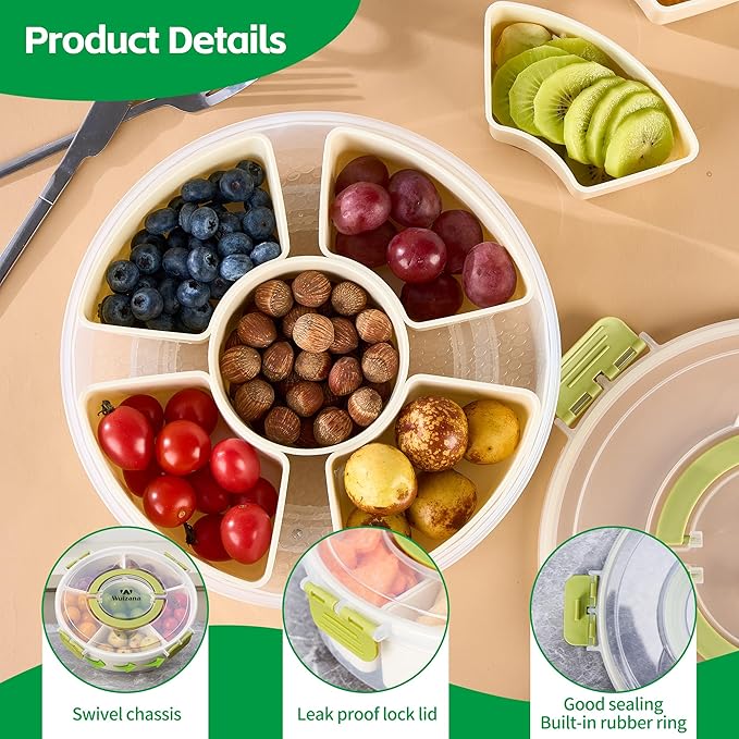 Divided Serving Tray with Lid – 6 Compartment Snack Organizer for Fruits, Veggies & Appetizers – Party Charcuterie Platter Box – Microwave, Dishwasher & Freezer Safe