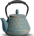Cast Iron Teapot, 32oz Japanese Sakura Blossom Pattern Tea Kettle, Stovetop Safe, Infuser for Loose Leaf & Coffee, Silicone Handle, Enamel Interior, 950ml Blue