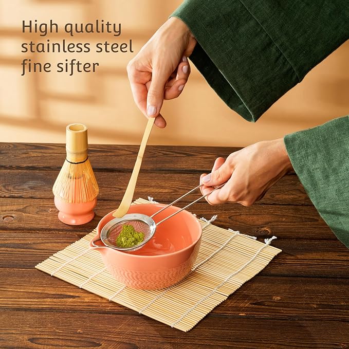 Matcha Whisk Set, Ceramic Bowl with Spout, Bamboo Whisk, Ceremonial Matcha Powder, Recipe Guide, Sifter, Holder, Scoop, Matcha Kit for Tea Lovers, Gift Box (Salmon Pink)