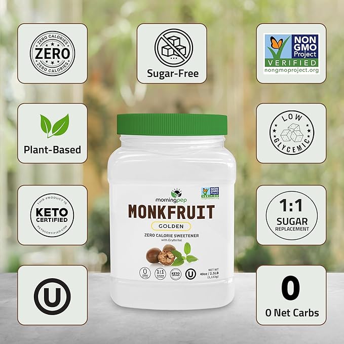 Morning Pep Monk Fruit Sweetener, golden Sugar Substitute, 2.5 lb, Keto Friendly, 1:1 Sugar Replacement, Zero Calorie, Non-GMO, Kosher, Golden - 2.5 lb