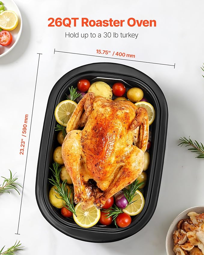 VEVOR Roaster Oven, 26QT Electric Roasting Pan, 150-450℉ Adjustable Temperature Fast-Cooking Turkey Roaster with Cool-Touch Handle, Visible Self-Basting Lid, Defrost & Warm Function, Fits 30lb Turkey