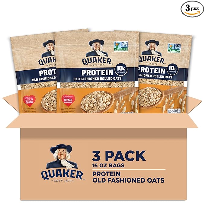 Quaker Protein Old Fashioned Rolled Oats, 10g Protein per Serving, Whole Grains, No Preservatives, No Artificial Flavors, 16 oz Bag (Pack of 3)