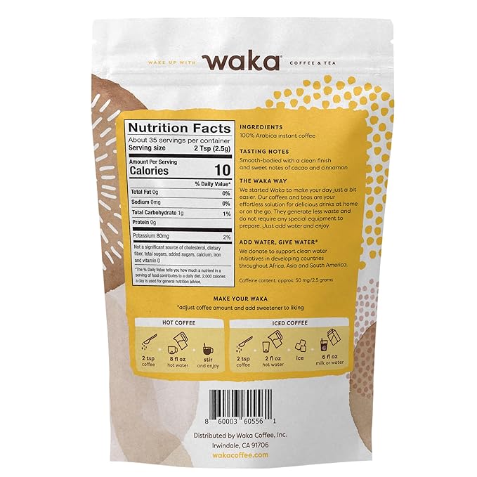Waka Premium Instant Coffee Pouch — 100% Arabica Freeze Dried Beans — For Hot or Iced Coffee (3.5 Ounces, House Roast)
