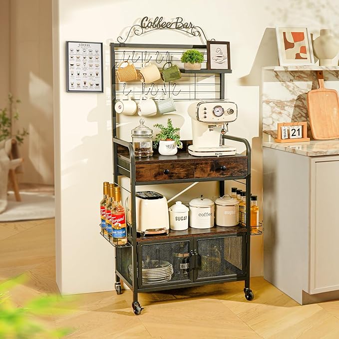 Coffee Bar Cart with Wheels, 5-tier Coffee Bar Table, Kitchen Coffee Bar Cabinet with Storage, Rustic Coffee Bar, Rolling Coffee Cart, Coffee Nook, Corner Coffee Bar Station with Drawer, Bakers Rack