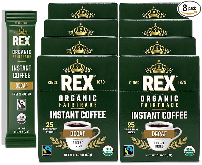 Rex Coffee Organic Fairtrade Decaf Freeze-Dried Instant Sticks – Naturally Decaffeinated Arabica, 200 Single-Serve Packs, Mountain Water Process