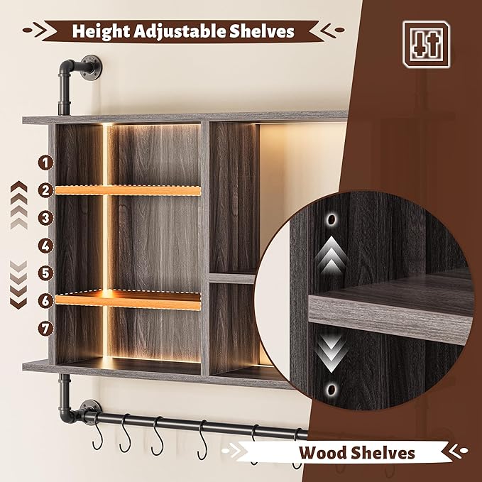 REIBII 4-Tier Industrial Pipe Shelving, 37.4" Kitchen Shelf with LED Light, Floating Shelves with 8 S-Hooks for Kitchen, Living Room, Home Office Bar, Dark Grey