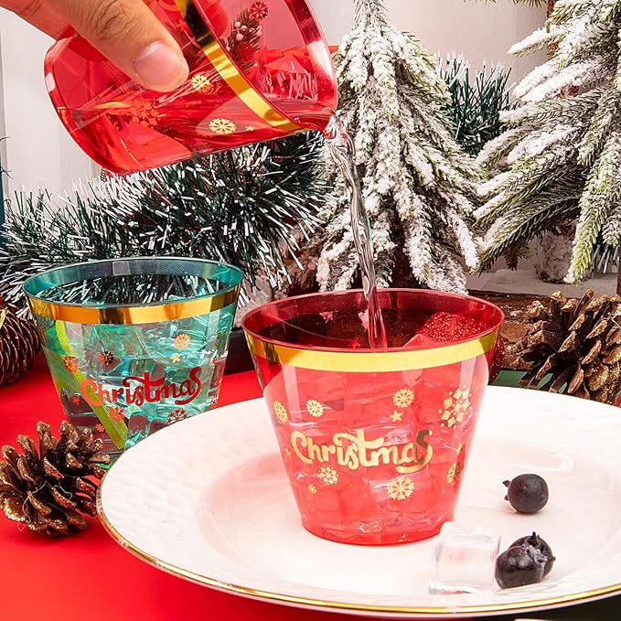 WELLIFE 60Pcs 9oz Christmas Plastic Cups, Disposable christmas Cups, Christmas plastic Tumblers, Includes 30Pcs Green cup and 30Pcs Red cups