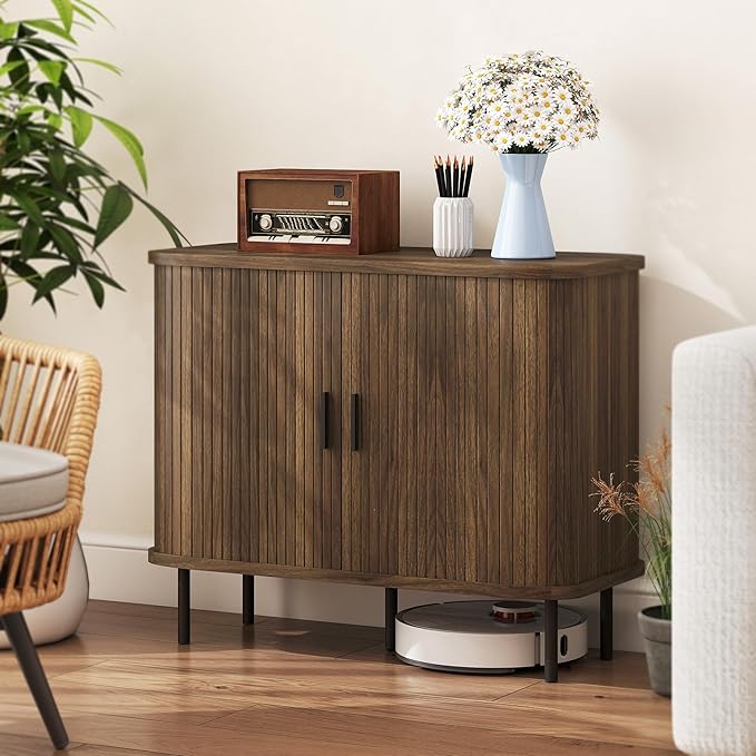 HOMCOM 35.4" Sideboard Buffet Cabinet with Storage, Nordic Coffee Bar Cabinet with Slatted Tambour Doors and Metal Legs, Kitchen Credenza, Walnut
