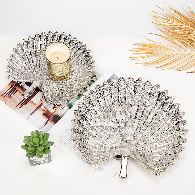 Silver Leaf Decorative Serving Tray for Table Centerpiece – 12" Ceramic Leaf-Shaped Trinket Dish, Candle Tray, Vanity Organizer, Coffee Table Decor, Modern Glam Home Decor, Gifts for Women