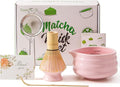 5pcs Premium Matcha Set,Ceramic Bowl with Spout and Bamboo Whisk set, Ceremonical Matcha Kit for breakfast/latte,Tea Starter Making Kit,Unique Matcha Gift set (pink)