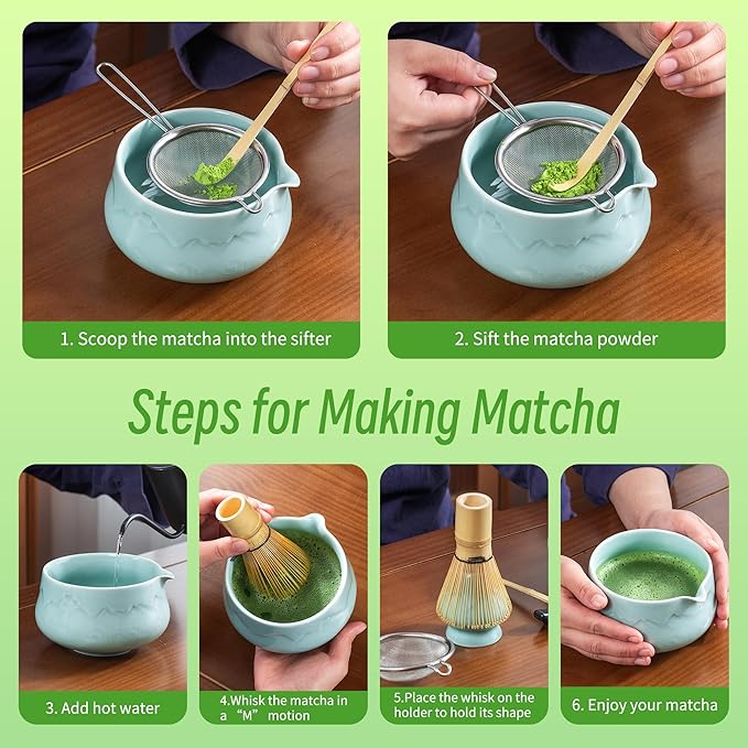 TEANAGOO 7 Pcs Matcha Whisk Set Blue, Ceramic Matcha Set, Matcha Kit for Ceremony, Matcha Tea Set for Making Breakfast/Latte, Tradition Whisk Set and Bowl with Scoop&Sifter, Gift for Friend/Family