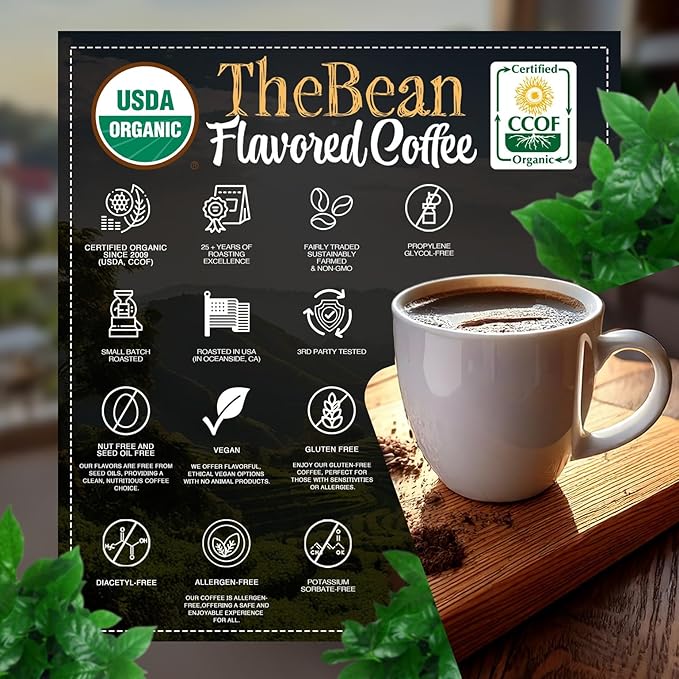 The Bean Organic Coffee Company Vanilla Nut, Medium Roast, Ground Coffee, 16-Ounce Bags (Pack of 2),Café molido tostado organico