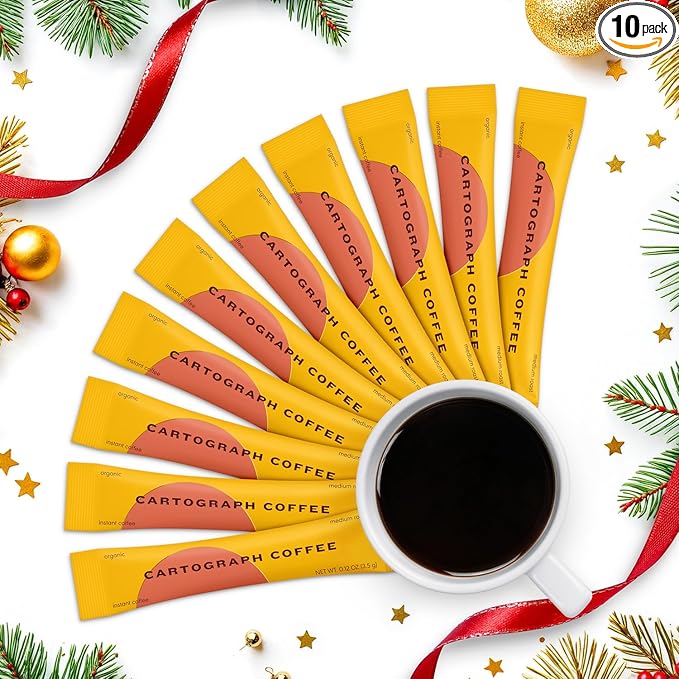 Cartograph Organic Instant Coffee Packets Single Serve 10PK - Medium Roast Instant Espresso - Freeze Dried Coffee Instant Powder - Individual Coffee Packets - Gourmet Instant Coffee Sticks