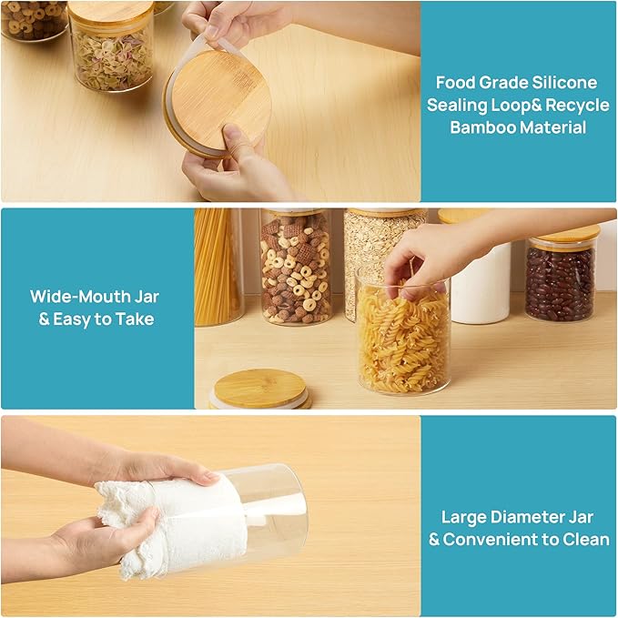 Vtopmart Glass Food Storage Jars, 7 Pack Kitchen Containers with Airtight Bamboo Wooden Lids for Pasta, Cookies, Nuts, Coffee Beans, Cereal, Canisters Set for Flour, Pantry Organization, BPA Free