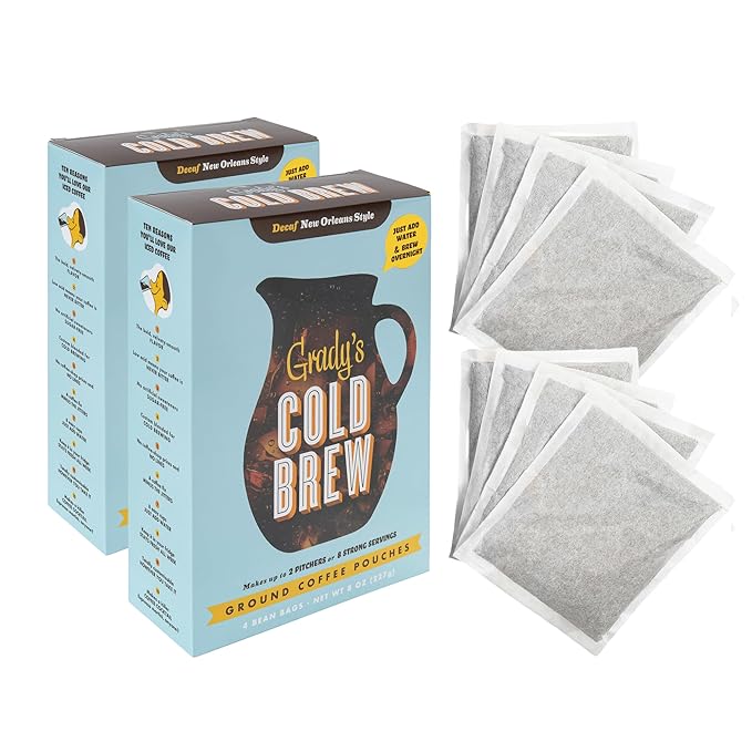 GRADY’S COLD BREW, New Orleans Style - DECAF, 100% Arabica Ground Coffee & Chicory Pouches, TWO Bundles of 4 Easy-to-Brew Bean Bags, Makes 24 drinks