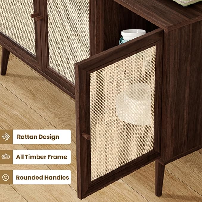 47.2" Buffet Cabinet with Storage Accent Sideboard, Modern Kitchen Cabinet with Rattan Doors, Wood Coffee Bar Table Console for Kitchen Living Room Entryway, Walnut