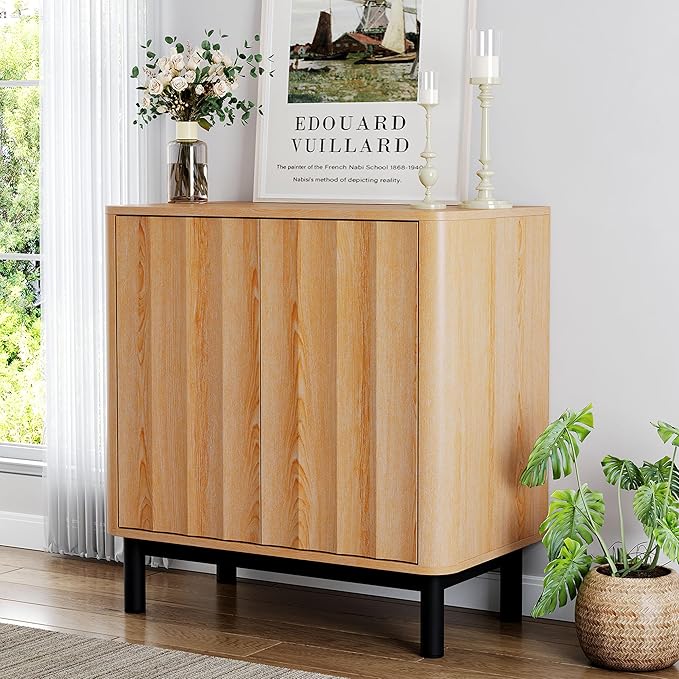 Wave Fluted Buffet Cabinet,30'' Tall Sideboard Storage with 2 Doors & Adjustable Shelves for Dinning Room, Kitchen, Living Room,Coffee Bar (29''W-Wood)