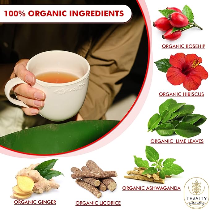 Organic Ashwagandha Tea Pods for Keurig with Ginger, Licorice, Organic Hibiscus Sabdariffa, Rosehip, & Lime - Decaf Herbal Tea - Energizing Tea by Teavity (12 Tea Pods)