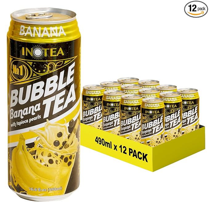 Inotea Bubble Tea with Tapioca Pearls - Delicious, Instant Boba Tea - Ready-to-Drink Black Milk Tea - Comes in Large 16.6 oz Cans - Enjoy Real Boba Without the Long Lines - Banana - 12 pack