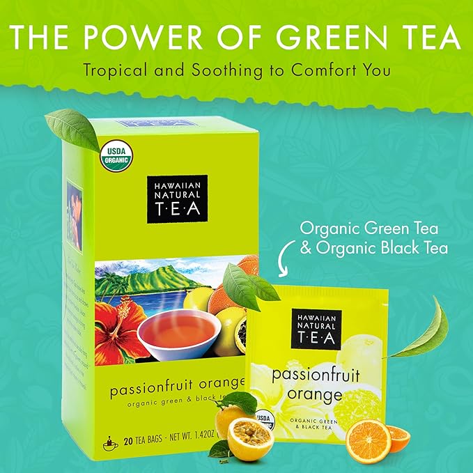 Hawaiian Natural Tea Passion Fruit Orange Flavored Organic Tea - Tropical Fruit Green Tea Blend with Black Tea - Perfect Daily Cup & Gift for Tea Lovers - 120 Tea Bags