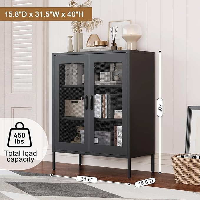 Black Metal Storage Cabinet,Metal Locker Storage Cabinet with 2 Mesh Doors and Adjustable Shelves,Kitchen Pantry Cabinets for Home,Sideboard,Living Room,Office(40" H)