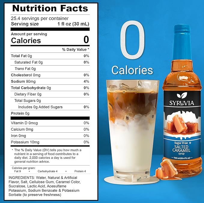 Syruvia Sugar-free Salted Caramel - 25.4 fl oz. Premium Coffee Flavoring Syrup. 0 Calories, Kosher, and Gluten-Free. Perfect for Drinks, Sodas, Shakes, Desserts, and More With Pump (Pack of 3)