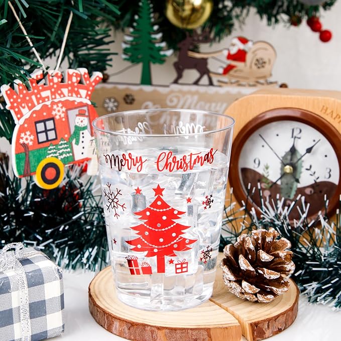 WELLIFE 60Pcs Red Christmas Plastic Cups, 10oz Merry christmas Cups, Red Plastic Tumblers with Christmas Tree and Bells Design, Disposable cups for Daily Use, Holiday Party Supplies