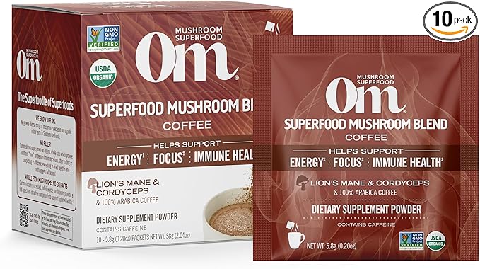 OM MUSHROOM SUPERFOOD Coffee Blend – Organic Arabica with Lion’s Mane, Cordyceps, Reishi, Turkey Tail & Ginkgo Biloba – Supports Energy, Focus & Mental Clarity – Single Serve Pack (10 Count)