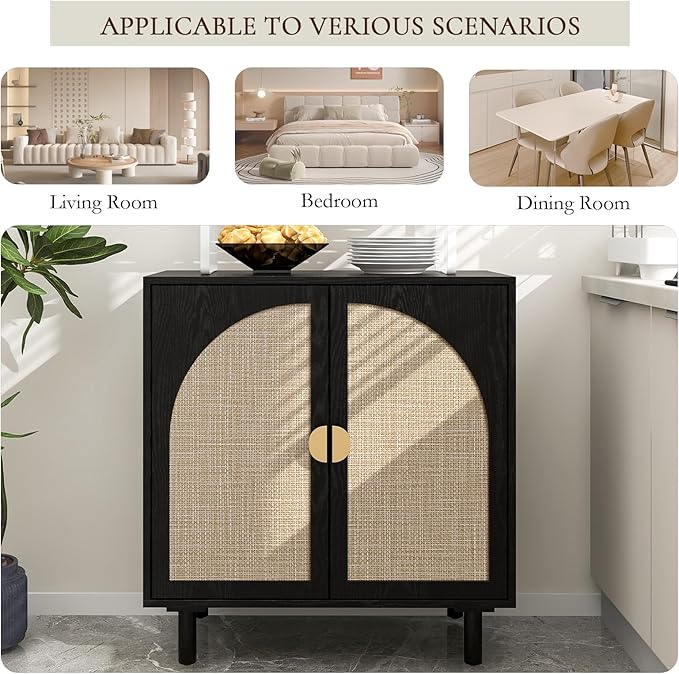 Black Minimalist 2-Door Sideboard with Woven Textured Panels, Black Storage Cabinet with Adjustable Shelf, Modern Accent Furniture for Hallway & Entryway & Apartments