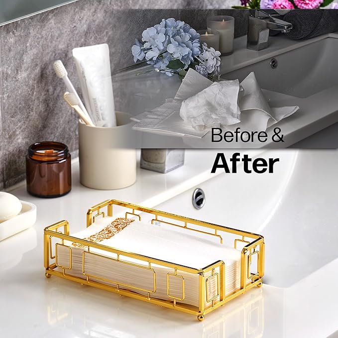 Guest Towel Holder Tray for Bathroom – Gold Napkin Holder for Disposable Paper Hand Towels, Vanity Countertop Hand Towel Organizer, Modern Bathroom Accessory for Guest Napkins