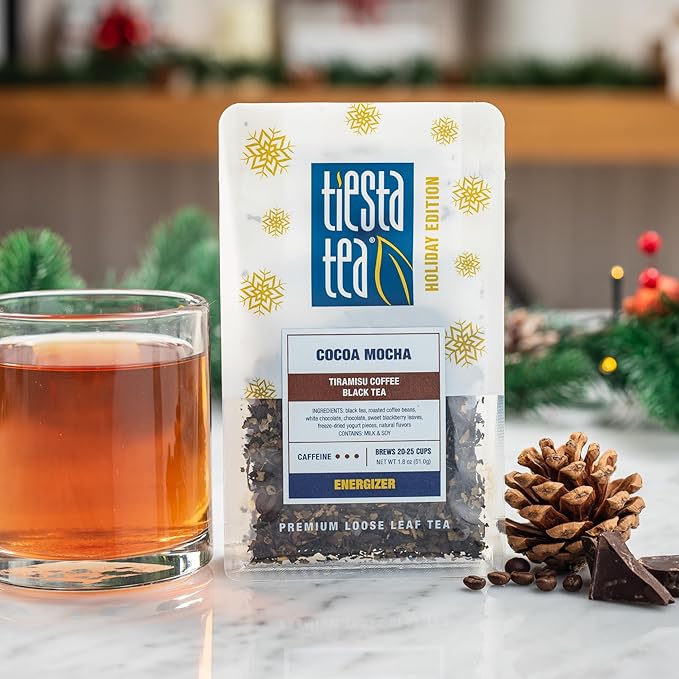 Tiesta Tea - Hot Cocoa Loose Leaf Tea Gift Set, High to Non-Caffeinated, Stainless Steel Brew Basket & 2 Resealable Pouches, Cocoa Mocha & Peppermint Holiday Blends
