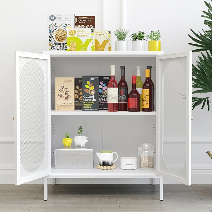 2 Door Accent Cabinet,Metal Storage Cabinet with Adjustable Shelf,Buffet Sideboard for Bed Room,Living Room,Entryway,Hallway,Home,Hotel,Office,Garage,Kitchen,1 Removable Shelf. (Mesh Door, White)