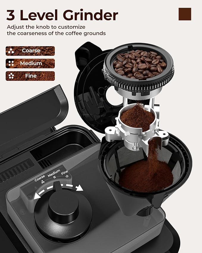 10 Cup Coffee Maker with Grinder Built in, Automatic Grind and Brew Coffee Machine with Glass carafe, Reusable Filter, Auto shut off, Warming plate, for Home Offices or Large Families, Black