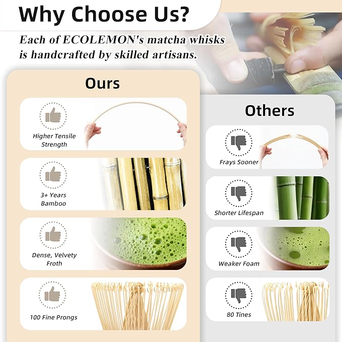 Matcha Whisk (1-Piece), Golden Bamboo Whisk for Matcha Tea, Handcrafted Chasen, 100-Prong Bamboo Matcha Wisk Mixer Frother Brush for Making Macha Ceremonial Grade