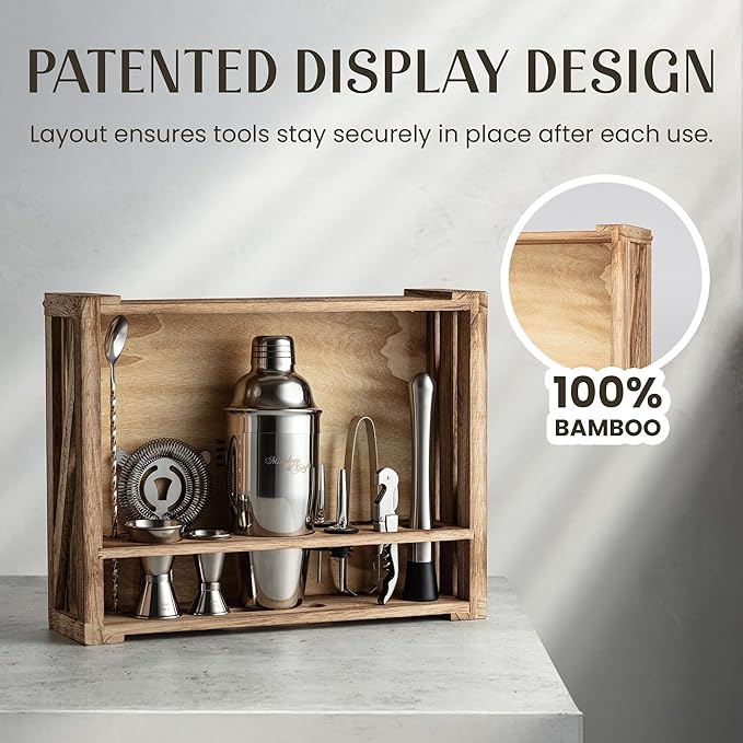 Mixology & Craft 11-Piece Cocktail Shaker Set, Bartender Kit with Stand, Stainless Steel Bar Tools, Dual Jiggers, Muddler & Pourers, Wood Display for Home Bar - Gift Ready (Silver)