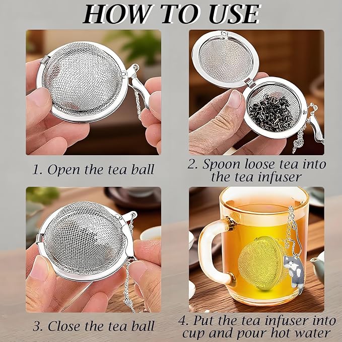 Cat Tea Infuser Set, 4-Pack Stainless Steel Loose Leaf Tea Balls with Cute Alloy Cat Charm Pendant, Reusable Strainer for Cold Brew, Gift for Tea Lovers (Black & Gray & White & Calico)