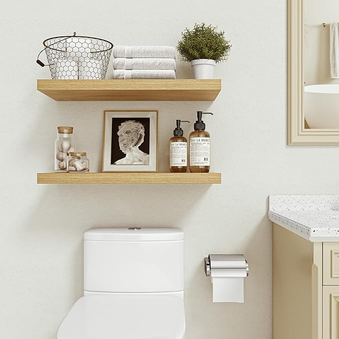 Vivelove Oak Floating Shelves 24 inchs Long, 9.1” Deep Bathroom Shelves Wall Mounted for Bedroom, Living Room, Kitchen, Office, Rustic Home Decor, Wall Shelves with Invisible Brackets, Set of 2