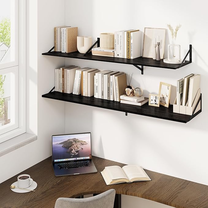 Fun Memories Floating Shelves for Wall, 12 Inch Deep Floating Shelves Set of 2, 48W x 12D Large Wall Shelf with Sturdy Metal Brackets for Living Room, Bathroom, Bedroom and Kitchen, Black