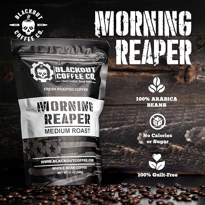 Blackout Coffee Morning Reaper Whole Bean Coffee – Medium Roast, Bold & Smooth Flavor, Non-Bitter – Freshly Roasted 12oz Bag.