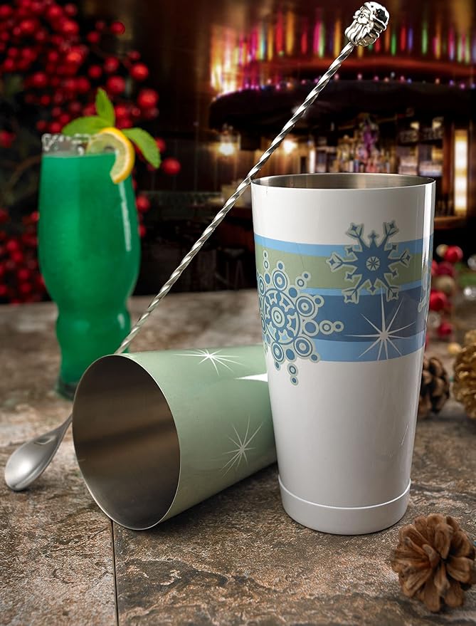 Barfly Holiday Snowflakes Cocktail Shaker Set with Santa Spoon
