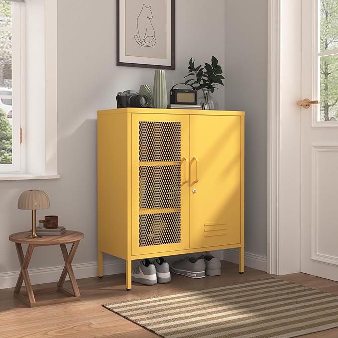 Steel Storage Cabinet Modern Metal Locker with Adjustable Shelf Lockable Storage Cabinet Metal Double Door Locker Home & Office Furniture Easy Assembly Yellow Size：33" H X 29.5" W X 13.8" D