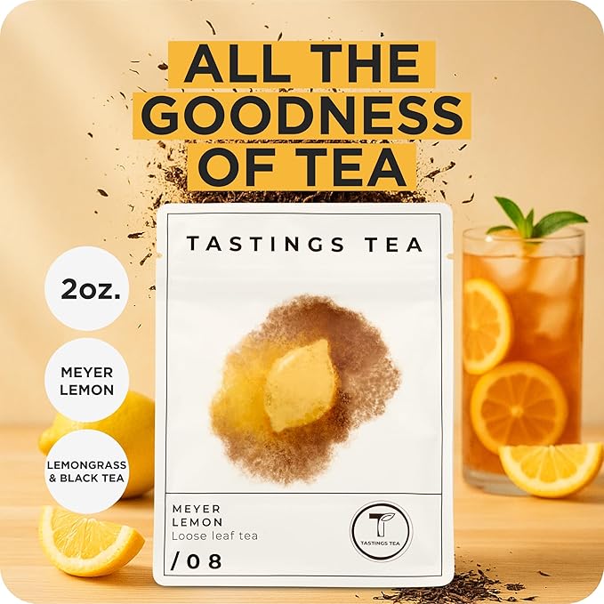 Tastings Tea Meyer Lemon Loose Leaf, 2 oz | Unsweetened Black Citrus Blend & Fruit Infusion with Lemongrass & Peel | Hot or Iced Cold Brew | Small Batch & Sustainably Sourced | Resealable Pouch