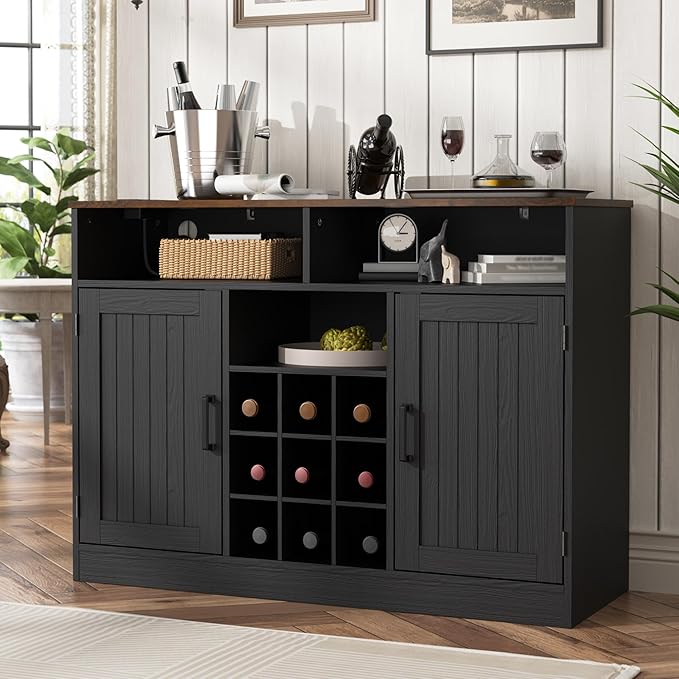 MHOM Farmhouse Buffet Cabinet with Prower Outlets, Rustic Sideboard Buffet with Wine Rack, Wooden Buffet Table for Dining Room, Antique Black