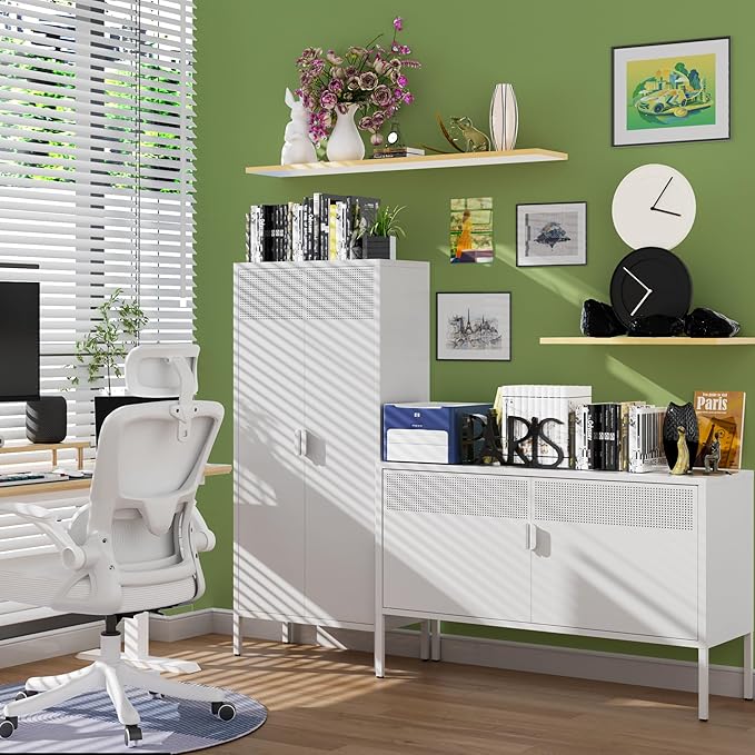 61 Inches Metal Storage Cabinet with Doors and Shelves, 4 Tier Kitchen Pantry Cabinet, Multi-Purpose Metal Cabinet for Home, Dining, Laundry, Living, Bathroom and Utility Rooms (White)