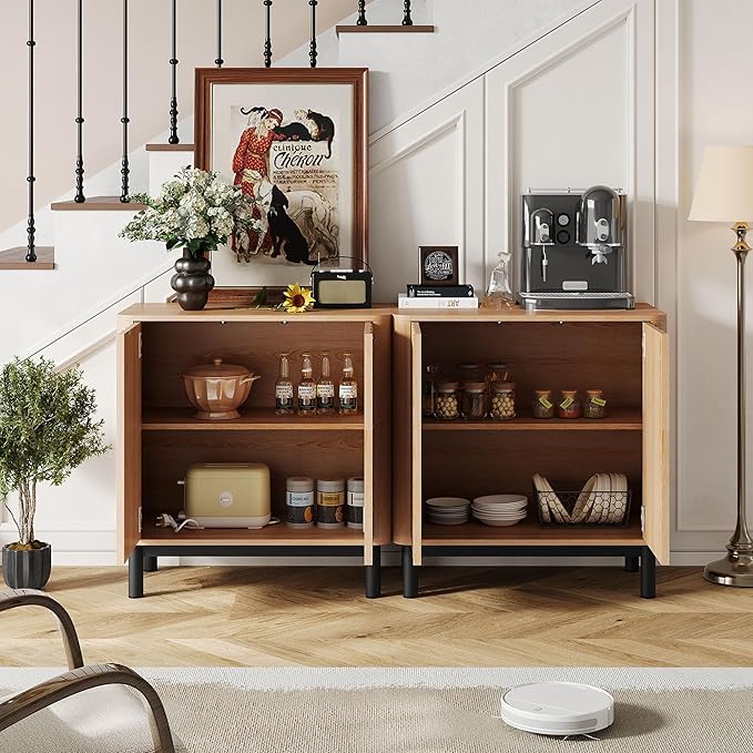 Wave Fluted Buffet Cabinet,30'' Tall Sideboard Storage with 2 Doors & Adjustable Shelves for Dinning Room, Kitchen, Living Room,Coffee Bar (29''W-Wood)