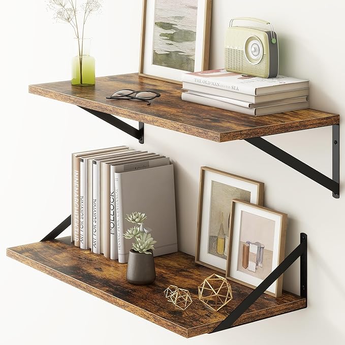 Fun Memories 27.5" W x12 D Floating Shelves, Large Wall Shelves 27.5 Inch Long, Set of 2, Farmhouse Wood Floating Shelf Wall Mounted, Deep Shelves for Bathroom, Living Room, Kitchen, Rustic Brown