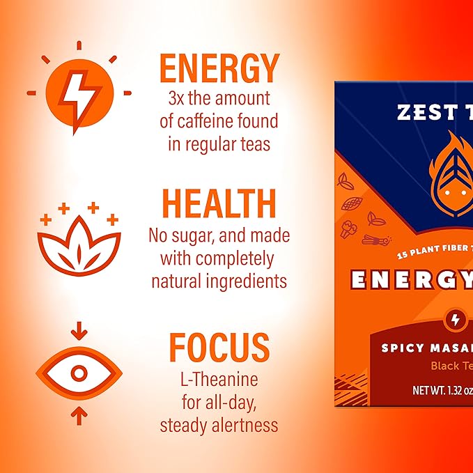 Zest Energy Black Tea - Spicy Masala Chai - High Caffeine Cardamom Ginger Tea with Cinnamon, Cloves & Vanilla Chai - Caffeinated Coffee Alternative - Natural, Non-GMO & Keto - 15Ct Box - 150mg Caf