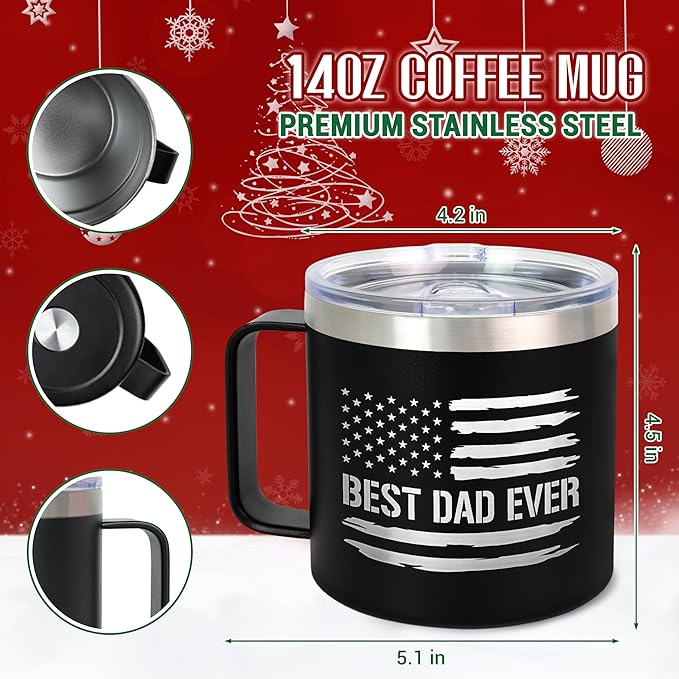 Christmas Birthday Gifts for Dad from Daughter Son Kids Wife - 14 oz Stainless Steel Insulated Coffee Mug with Lid - Best Dad Ever Birthday Gifts for Men Grandpa, Mens Gift Ideas for Christmas