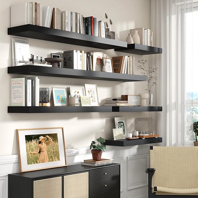 30 Inch Floating Shelves | 12 Inch Deep Black Floating Shelves Set of 2 | 30" W x 12" D Rustic Wood Shelves for Wall | Deep Black Shelves for Living Room Bathroom Laundry Room Kitchen