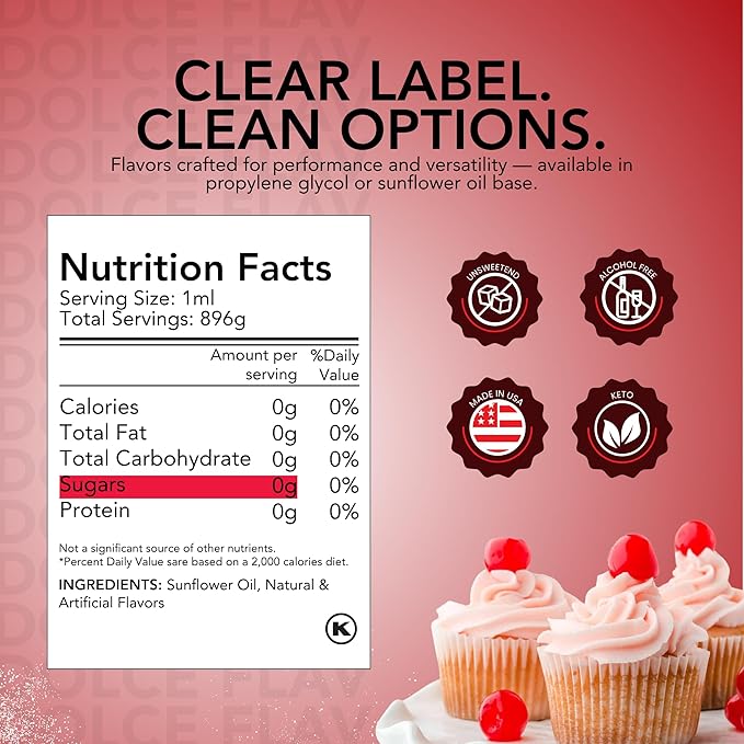 Dolce Flav Cherry Flavoring – 32 Ounce Oil-Soluble Kosher, Sugar-Free, Concentrated Fruity Flavor for Candy, Chocolates & Desserts